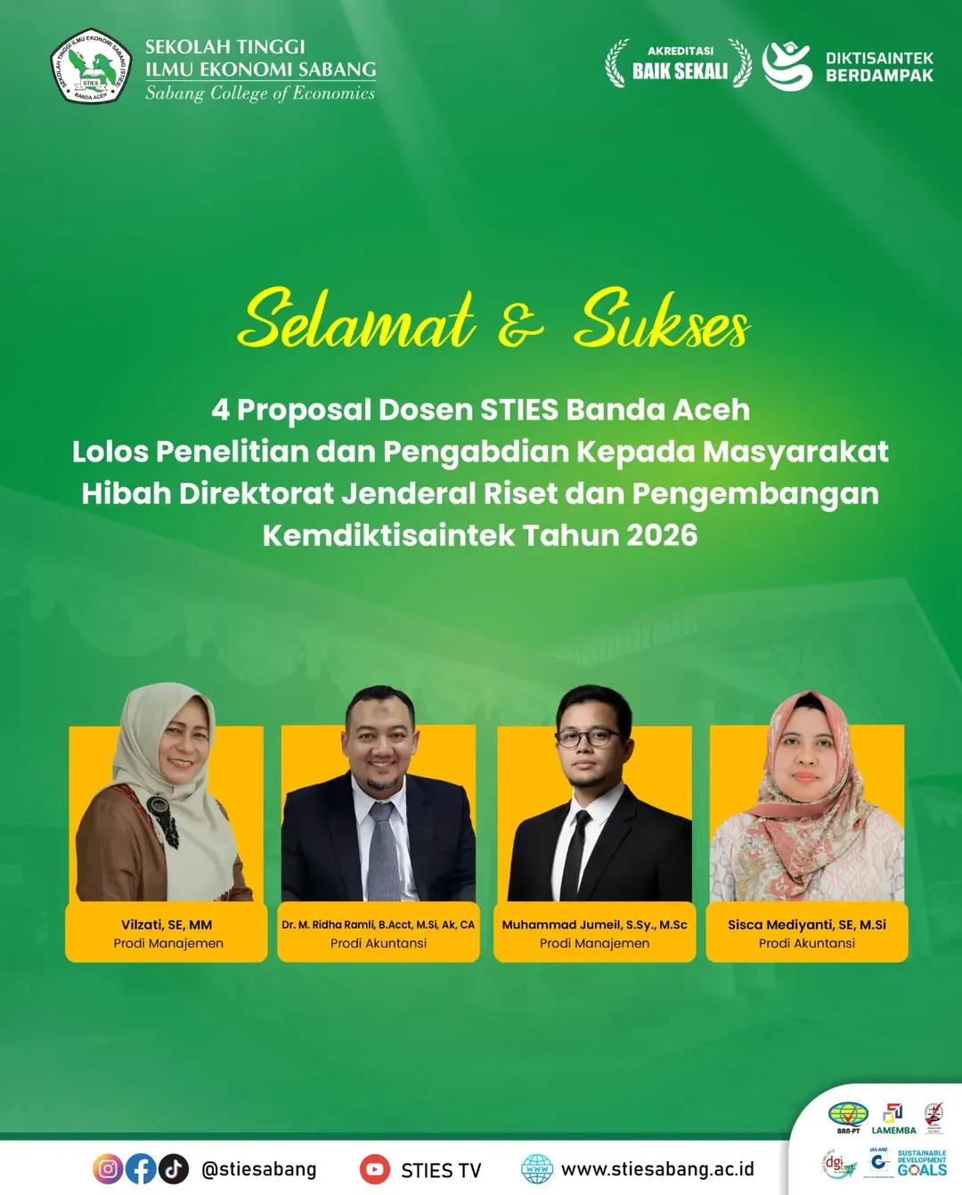 Dosen STIES Banda Aceh Raih Hibah Penelitian & PKM Kemdiktisaintek Tahun 2026
