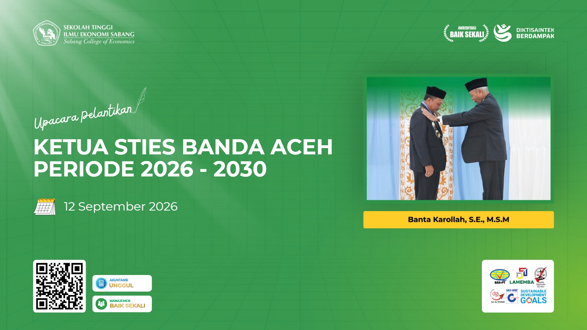 Banta Karollah, S.E., M.S.M. Resmi Dilantik sebagai Ketua STIES Banda Aceh Periode 2026-2030