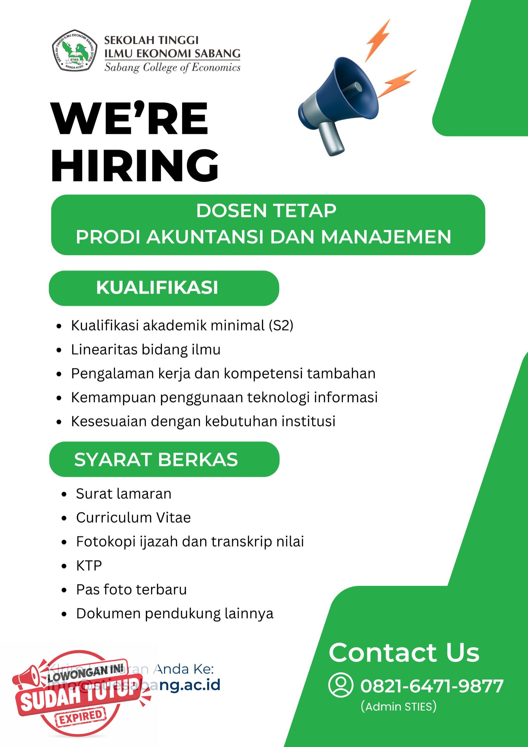 Rekrutmen Dosen Tetap Prodi Akuntansi dan Manajemen STIES Banda Aceh