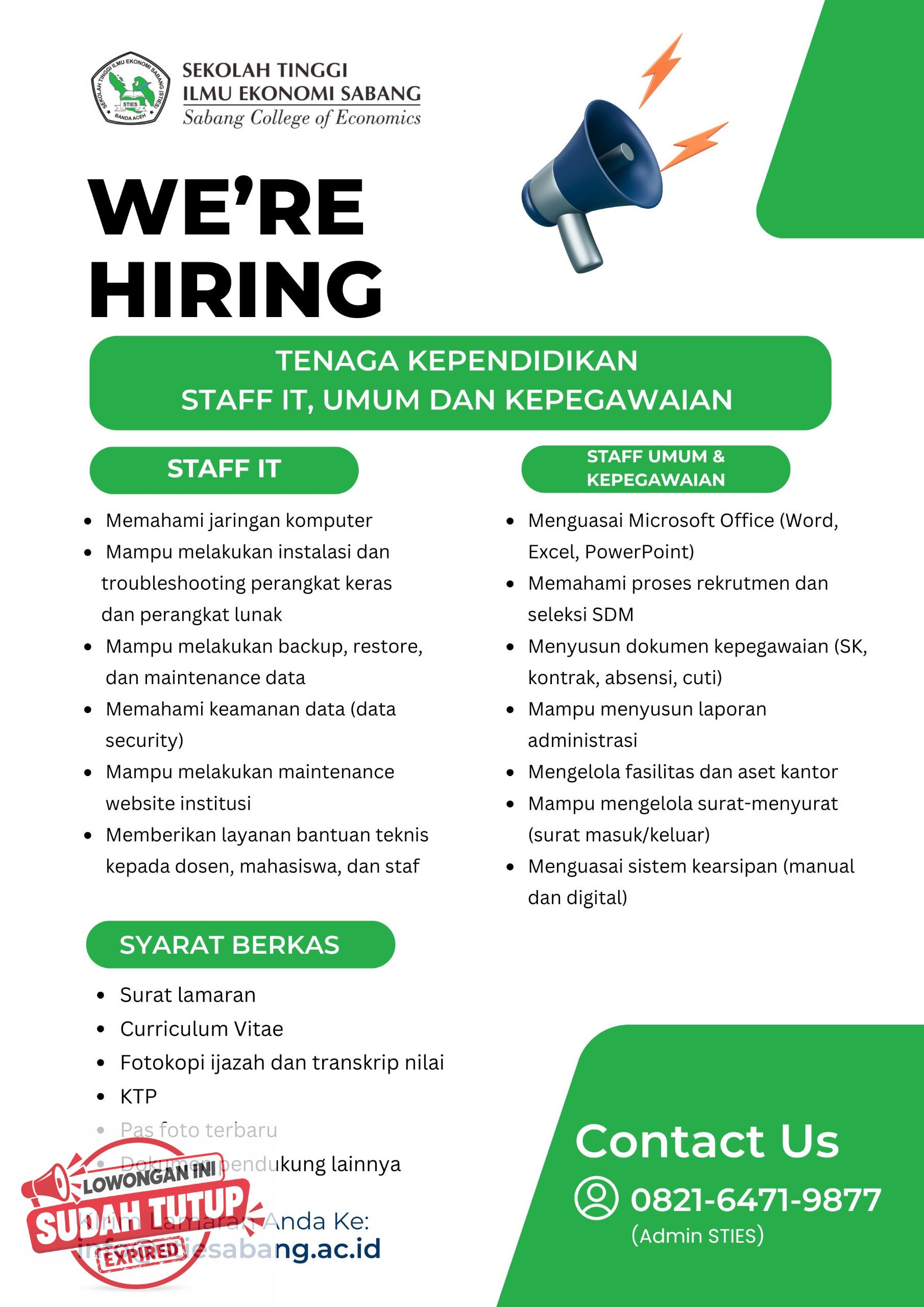 Rekrutmen Staff IT dan Kepegawaian di STIES Banda Aceh